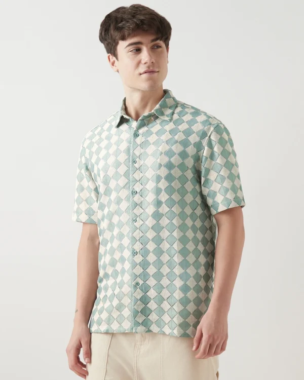 Men's Green & Beige Textured Oversized Shirt