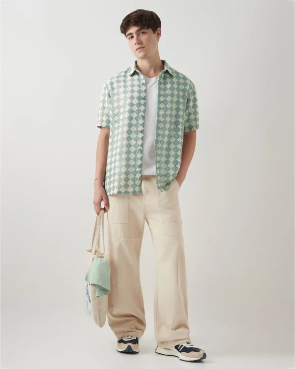 Men's Green & Beige Textured Oversized Shirt
