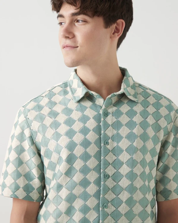 Men's Green & Beige Textured Oversized Shirt